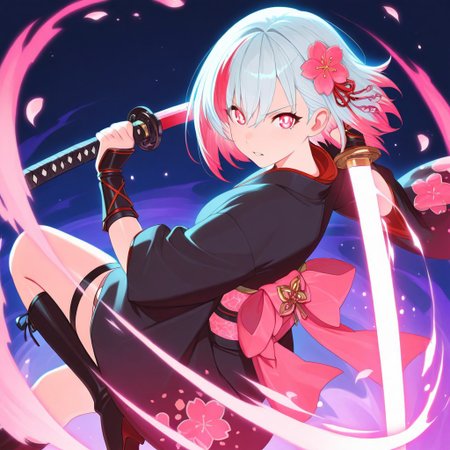 anime_girl long_flowing_white_hair_with_pink_highlights glowing_red_eyes intense_expression floral_hair_ornament_with_pink_flower traditional_kimono_with_cherry_blossom_pattern dark_blue_kimono_with_pink_and_white_flowers intricate_kimono_design_with_gold_accents holding_katana_with_both_hands glowing_katana_with_energy_trail dynamic_action_pose cherry_blossom_petals_floating_in_air vibrant_neon_pink_and_cyan_color_scheme dramatic_lighting_with_glowing_effects energy_aura_with_sparkling_particles black_lace-up_boots_with_shiny_finish detailed_background_with_splashes_of_pink_and_blue fantasy_warrior_theme strong_female_character ethereal_and_mystical_atmosphere high_contrast_art_style anime_illustration_with_digital_painting