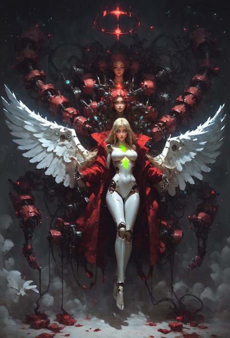 score_9, score_8_up, score_7_up, (Metatron, metatronsmt, angel wings, blonde hair, green eyes, android, mechanic wings, robot joints, intervention unit, very complex robot, glowing chest:1.2), full body, mechanical toes, solo, white long hair, large breasts, bangs, arched back, dark eyes, too tight burgundy hoodie, provocative, cosmic background, cables and wires everywhere, smirk, red theme, covered face <lora:Concept Art Twilight Style SDXL_LoRA_Pony Diffusion V6 XL:0.8><lora:Expressive_H-000001:0.8> expressiveH<lora:d4rk01lXLP:0.7> d4rk01l<lora:zs_Metatron>