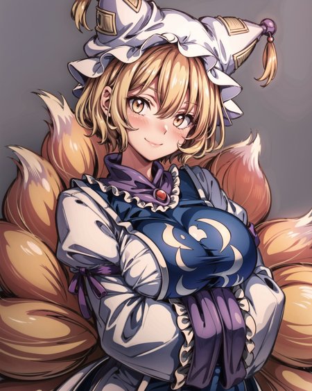 <lora:ran:1>,1girl, yakumo ran, hat, solo, blonde hair, fox tail, tail, breasts, grey background, no headwear, tabard, short hair, blush, upper body, yellow eyes, multiple tails, large breasts, looking at viewer, simple background, long sleeves, white dress, hands in opposite sleeves, dress, hair between eyes, wide sleeves, bangs, frills, smile, frilled shirt collar, closed mouth, frilled sleeves, head tilt, kitsune, own hands together, arms under breasts, standing, breast hold, shiny, (kbxll:0.6), masterpiece, best quality, <lora:add_detail:1>