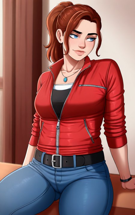 (masterpiece,amazing quality,best quality),<lora:blackwhiplash(bwl)-guy90-Illust-Lycorisv1:1>,blaash,solo,<lora:astroo:0.3>,astroostylev5,<lora:ClaireRedfield:1>,ClaireRedfieldSDL,1girl,solo,blue eyes,brown hair,jewelry,jacket,ponytail,belt,pants,necklace,denim,red jacket,zipper,jeans,cowboy shot,realistic,sitting,