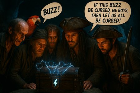 Create a realistic cinematic movie still. In a shadowy grotto lit by glowing blue reflections, five mangy-looking pirates—each with distinct physical features—stand around a treasure chest that crackles with blue electrical energy. One pirate has a strikingly gaunt face with a black eyepatch over one eye. Another has a brightly colored parrot perched on his shoulder, mid-squawk, shouting: “BUZZ!” Stylize this text bubble in a way to indicate screaming/squawking. The front panel of the treasure chest is marked with a glowing blue lightning bolt emblem. The pirates are all gazing intently at the treasure with wide eyes and greedy smiles. Their charismatic captain, with long dreadlocked hair, tanned skin, dramatic eyeliner, and a tattered oversized tricorn hat, brandishes a curved sword. In a speech bubble, he exclaims: “If this BUZZ be CURSED, me boys, then let us all be cursed!” (((Make it so none of the pirates resemble any character in any existing franchise but instead have completely unique features.))) 