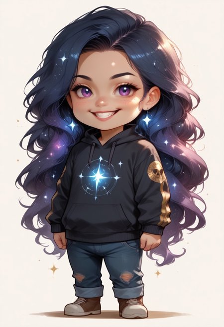 score_9, score_8_up, score_7_up, source_furry, solo, adorable chibi goddess, (flowing hair, long hair, Cosmic hair:1.4), happy, pointing at viewer, view from above, sweater, jeans, boots, (chibi body, sparkling body, pristine body:1.4), (indirect lighting, dynamic lighting:1.4), simple background, chibi art style, (detailed image, high resolution, 5k resolution:1.0), (chibi art style, cartoon Art Style:0.95)