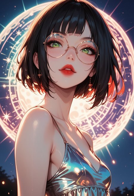 score_9, score_8_up, score_7_up, score_6_up, rating_questionable,y0mUy4k4d4sh1, 1girl, Polly, PollyRH, short hair, bobcut, black hair, bangs, green eyes, small breasts, almost flat chest, slim, pale skin, big round eyeglasses, clear eyeglasses lenses, nice round ass, red lipgloss, HD32k, dynamic pose, aesthetic, perspective, solo, detailed, sensual look, pinup pose, night, outdoor, , sensual look, pinup pose, starrynightdress, front view
