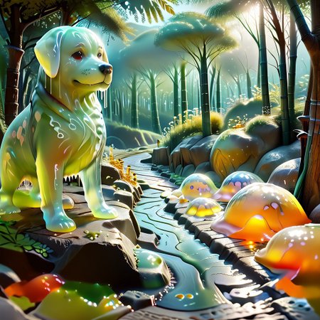 dog running down a bamboo path, dog made out of slime, detailed dog, 
detailed scenery, scenery made out of slime, bamboo made out of slime, green slime bamboo, brown slime wicker fence, brown slime pagoda, red slime brick path, 
BambooforP, background, bamboo forest, path,
everything made of slime, No simple background,
((translucent slime)), ((transparent slime)), (bioluminescent slime), sl1m3, slime, ais-blmn, watce, je11y, thickwater, great lighting, ral-lava, even lighting, no bright spots,