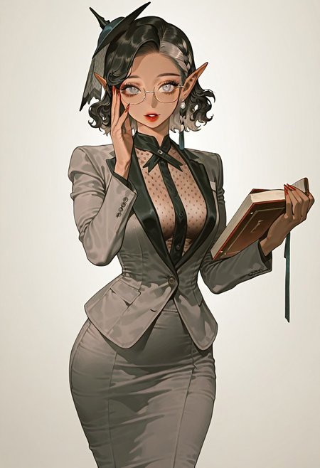 best quality,amazing quality,very aesthetic,very awa,depth of field,detailed face,Volumetric Lighting,highly finished,solo,simple background,
1girl,tan,dark skin,black hair,grey hair,two-tone hair,medium hair,wavy hair,side braid,white eyes,eyewear,pointy ears,adjusting eyewear,looking at viewer,pearl earrings,medium breasts,sleeveless suit jacket, see-through, grey pencil skirt, grey suit jacket, fascinator,holding book,curvy,