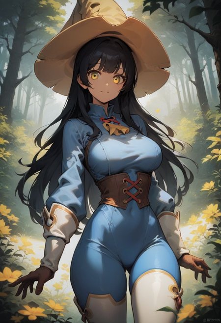 score_9, score_8_up, score_7_up, source_cartoon, looking at viewer, hourglass figure, face focus,
1 girl, solo girl, pretty face, cute girl, large breasts, black hair, long hair, bangs, yellow eyes, 
meadow, forest,
bmcostume, tight clothes, cowboy shot