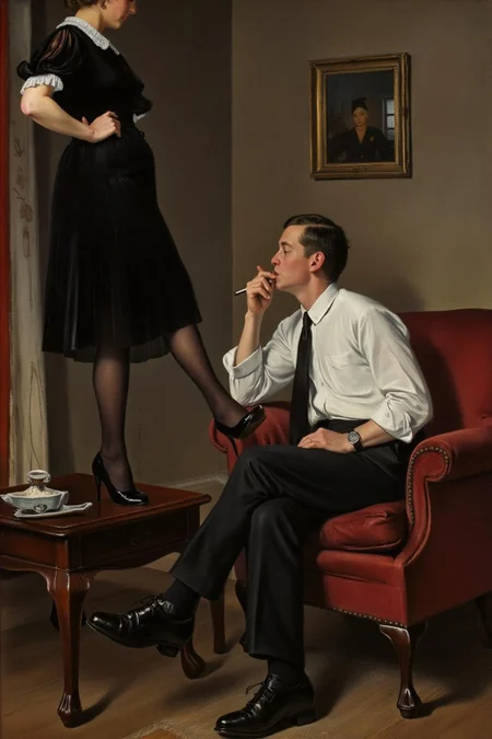 lauritsandersenring1 painting.  jackvettriano1. A seated man kissing the raised foot of a woman. On the left is the man, shown in side profile, in a white shirt and black trousers with a tie, seated in a red chair, holding a cigarette in one hand. On the left is the lower body of the woman in a black dress with stockings and high heels stands on top of a coffee table with one foot raised. <lora:lauritsandersenring1_cap_d8a4e13:1.0><lora:857032688786262626:0>