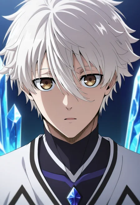 masterpiece, best quality, intricate details, anime screencap, anime coloring, , looking at viewer, depth of field, 1boy, solo, male focus, <lora:seishirou_nagi_ilxl:0.92>, seishirou_nagi, white hair, brown eyes, short hair, bangs, hair between eyes, crystal throne, geometric patterns, light cascades, power flows, regal pose, commanding expression, morning,