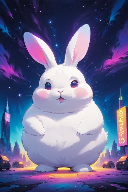 cosmic canvas,  neon city background, painting of a chubby rabbit, <lora:Cosmic_Canvas_SDXL:1>