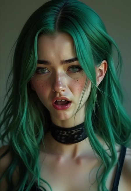 Realistic, realism, 4K, hi-res, Daphne, 20, green hair, freckles, black collar, front facing, (angry), shouting, (enraged), wild,