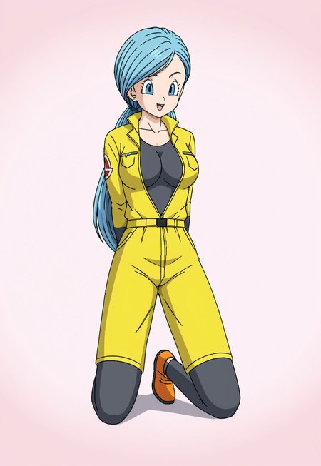 safe_pos, 
score_9, score_8_up, masterpiece, stunning realistic, best quality, sharpness, easynegative, ng_deepnegative_v1_75t, negative_hand,perfect hands,perfect fingers,1 girl,large breasts,yellow jumpsuit, black undershirt,open zip,open jacket short over long sleeves, layered sleeves ,bulma,,(very long hair:1),, blue eyes, blue hair,kneeling,(arms behind back;1)