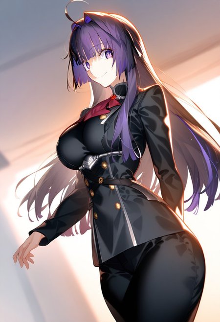 (score_9, score_8_up, score_7_up, source_anime) (masterpiece:1.2, best quality), (finely detailed eyes: 1.2) (ultra-detailed, hires), (detailed face, detailed eyes), (best illumination), detailed glow, high contrast, looking at viewer, ((solo)), emotionless, smile, squinted eyes, closed mouth, 1girl, solo, (large breasts, thin waist, wide hips), raiden_mei, ((dark_purple hair)), indigo eyes, long hair, blunt bangs, ((red peacoat, closed peacoat, black trousers)), face shot, cowboy shot, no background, empty background, (masterpiece, best quality, very aesthetic, absurdres), (ultra detailed perfect piece:1.2), illustration, masterpiece, (extremely detailed CG 8k), (very fine 8K CG), <lora:add-detail-xl:-1>