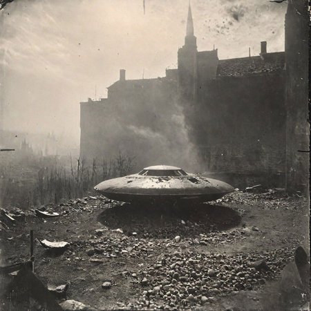 B&W 35mm vintage photo of a UFO in a WW2 picture, destroyed city backdrop