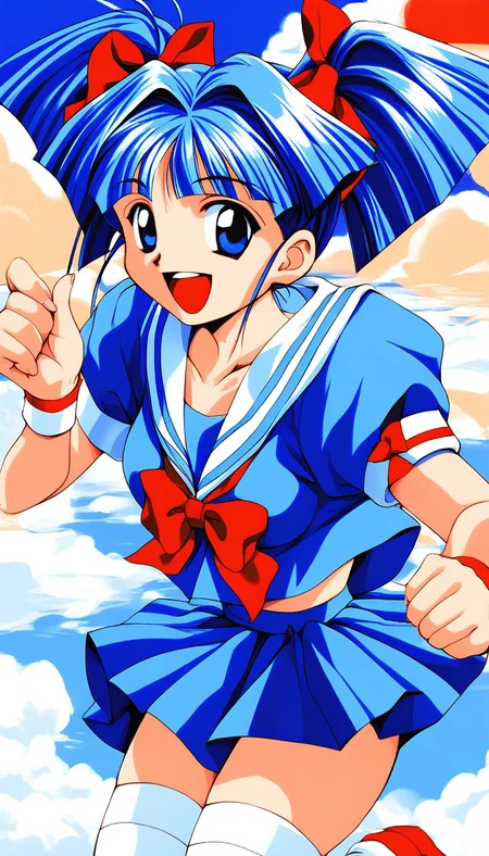 score_9, score_8_up, score_7_up, source_anime, rating_explicit, BREAK   <lora:Tomohara_Atsuko_XL:1> TomoharaAtsuko, blue hair, blue eyes, twintails, hair bow, medium breasts, red bow, long hair, 1990s \(style\),
1girl, solo, thighhighs, skirt, bow, open mouth, white thighhighs, wristband, blue skirt, blue serafuku,
outdoor, sky,
smile,
looking at viewer, 
cowboyShot,
