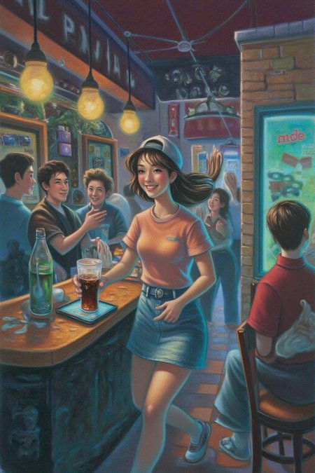 magr1 illlustration.
The air buzzes with the energy of a busy bar, a mix of music, conversation, and the clinking of glasses. A barmaid, the embodiment of youthful vibrancy, navigates the lively scene. She wears a peach-coloured T-shirt, the soft fabric contrasting with the smooth, cold glass of coke she carries on a small tablet. Her short skirt adds a playful touch, and a backwards baseball cap hints at a carefree attitude. The setting and atmosphere are palpable: the warm, slightly sticky surface of the bar counter under her fingertips, the dim, colourful lighting that casts playful shadows. Sensory details are abundant: the condensation forming on the glass of coke, the texture of her denim skirt, and the way the bar lights catch the highlights in her hair. Her confident stride, her quick smile, and her efficient movements. Stylistically, the image draws inspiration from the vibrant, candid shots of nightlife photographers, with a touch of the stylized realism found in contemporary illustration. There's a deliberate contrast between the barmaid's youthful energy and the slightly worn, lived-in atmosphere of the bar, creating a dynamic and engaging image.   <lora:magr1_cap_d6a3e12:1.0><lora:828091766789095791:0>