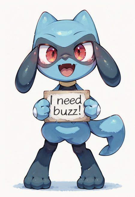 riolu, clothed pokemon, solo, tongue, open mouth, full body, looking at viewer, smile, skin fang, 

masterpiece,best quality,amazing quality, newest, very awa, 

happy, open mouth, teeth, masterpiece, best quality, amazing quality, 8k, face focus, face only, looking at viewer, holding sign with text "need buzz", buzz