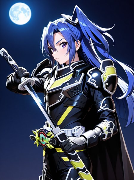 masterpiece, best quality, amazing quality, very aesthetic, absurdres, newest, kazanari tsubasa,  one side up,  1girl  <lora:BujinTycoon:1>bujintycoon, male focus, solo, armor, weapon, sword, holding, belt, cape, holding weapon, tokusatsu, rider belt, , holding sword night full moon,  from side, looking at viewer, unsheathing,