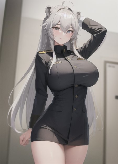 (masterpiece:1.3), (absurdres:1.3), (best quality:1.3), (ultra-detailed:1.3),(best shadow:0.7), (handled hair), ,perfect anatomy, 1girl, solo, united states army, military, soldier, sergeant, military uniform, camouflage, Army, M4, assault rifle, <lora:shishiroBotan_v10:0.6>,  botan, silver hair, silver eyes, long hair, lion ears, very long hair, bangs, hair between eyes, large breasts, military base, smile,