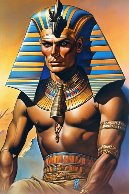 portrait close up of Yul Brynner as Pharaoh, desert and pyramids background, ancient egypt scene  <lora:Fantasy_art_XL_V1:0.75> stunning fantasy art by boris vallejo