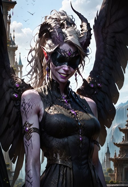 (absurdres, best quality, masterpiece:1.4), 
score_9, score_8_up, score_7_up, score_6_up, 
detailed, 
detailed body, 
detailed face, 
fantasy, 
alone, 

female, 
tiefling, 
h0rns, 
ram horns, 
black horns, 
tall, 
((((purple skin)))), 
((long grey hair, ponytail)), 
(((wingsd, black wings))),

one arm above head, 
soft smile,

(white robe, sleeveless, 
blindfold, black cloth blindfold), 

depth of field, 
outdoors, 
mountain temple, 
upper body