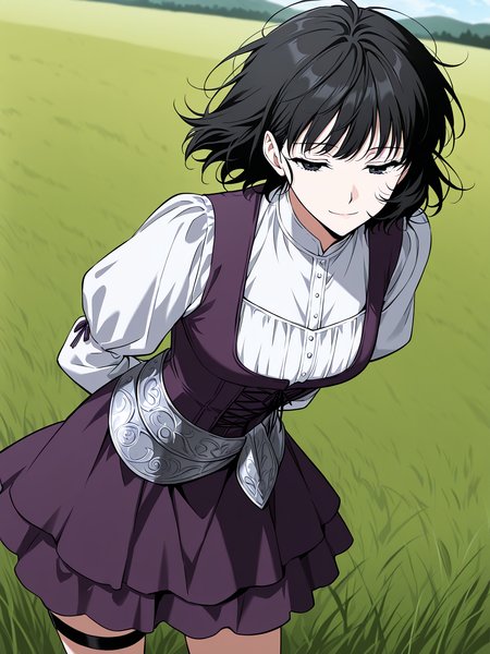 <lora:Omniscient Reader's Viewpoint _ Han Sooyoung_epoch_7:1>
1 girl, solo, short hair, messy hair, black hair, black eyes, 
purple corset dress, white puff sleeve blouse, decorative silver waist sash, layered skirt, sleeveless overdress, long sleeve underblouse, black thigh strap, medieval style outfit,
score_9, score_8_up, score_7_up, very aesthetic, source_anime, detailed, high quality, beautiful, masterpiece, detailed eyes, field, blurry background, pose dynamic angle, upper body, cowboy shot, light smile, floating hair, half-closed eyes, hands behind back, leaning forward, looking forward, looking at viewer
