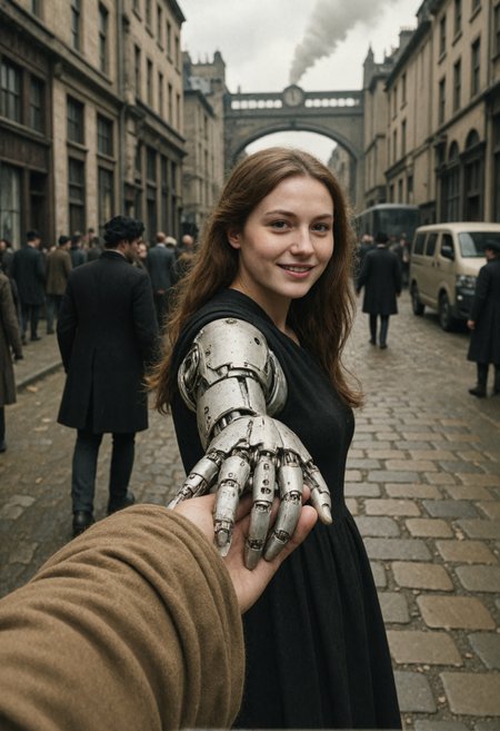 FollowM3 , Hyperrealistic photo. A Point of view of a hand being dragged along by his cyborg girlfriend holding his hand. She is leading him through London in the time of the industrial revolution.