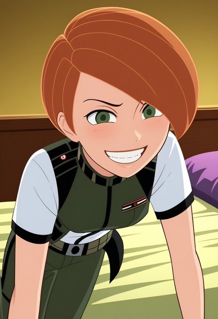 kim, navel, midriff, small breasts, 
New mission outfit,
solo, short, athletic, blushing,  expressiveh, close up view down shirt, bent over, chest focus view, bedroom, 
bedroom, on bed, naughty look, grin