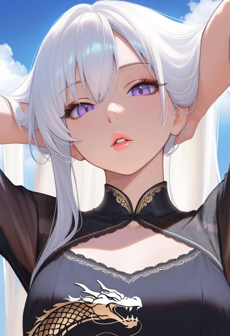 1girl,, sky, white hair, long hair, masterpiece, purple eyes, noble, parted lips, soft lips, luscious lips, glossy lips, looking at viewer, Western black dress, dragon print, outdoors, arms behind head, adjusting hair, cloud, volumetric lighting, blue sky, portrait, upper body,