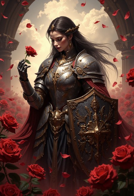 A regal female knight in ornate silver armor stands amidst a field of blooming red roses. The knight holds a single rose delicately in her gauntleted hand, gazing down at it with a soft expression. Her long, flowing hair is adorned with small rose petals, carried by a gentle breeze. At her side, a large shield decorated with intricate engravings of roses rests against her leg. The sunlight filters through the petals, casting a warm, golden glow over the scene, enhancing the romantic yet powerful atmosphere.   <lora:dark_fantasy_flux:0.83> <lora:FredFraiStyle-FLUX-Share:0.63> <lora:sxz-Dark-Fantasy-v2-Flux:0.33> drkfnts style,