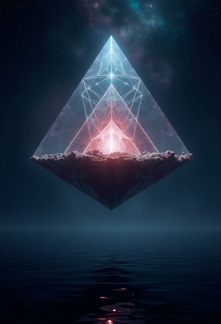 A floating crystal pyramid with a glowing core, suspended above a dark and mysterious ocean. The crystal is transparent, with intricate geometric patterns and pulsing light coming from the core. Below, the ocean is calm but unnaturally black, reflecting the pyramid's light. The sky above is filled with swirling cosmic colors and distant stars. The entire scene is ethereal and otherworldly, blending science fiction and fantasy in a mystical setting.