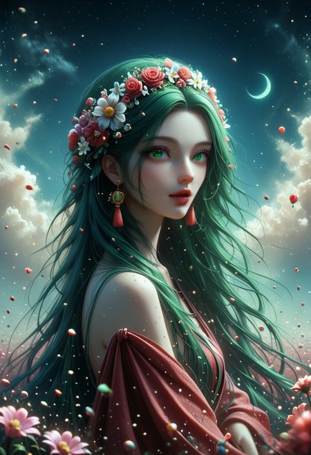 score_9, score_8_up, score_8_up,  female, hight quality, best art, detailed , good quality, rendered details. Adorable.  Hight resolution. perfect.  Slim figure, estetic, Erotic Girl,  long hairs, flower on head, ((ancient jewellery)), ((tatooed left part face)), ((diferent eyes: left eye blind and right eye is luminous red)), ((singing)), ((She Cast black magic spheres)), ((mgic shadow form round girl)), ((Ghosts figures fly over)), (( flower field)) ((Black Space air style, Giant  light green moon and behind  red planet, bring stars shine))