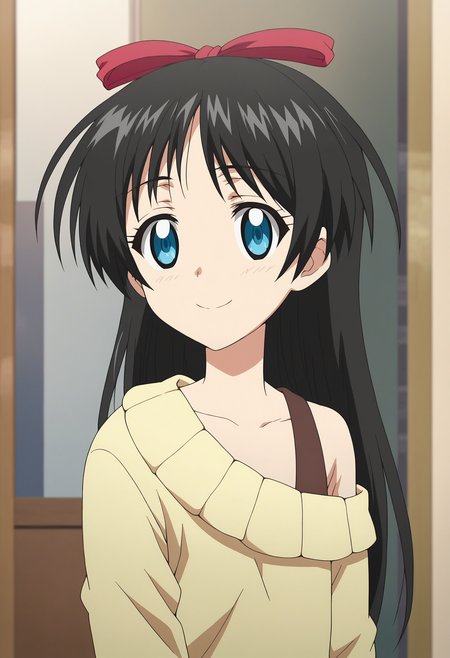 score_9, score_8_up, score_7_up, score_6_up, score_5_up, score_4_up , anime coloring ,BREAK source_anime, anime,screencap,
1boy, solo, kotaroua, hair ribbon, brown shoulder strap, single shoulder strap, off-shoulder sweater, sweater dress,   <lora:PonyXL Koutarou Araki V1:1>
indoors,upper body,
smile, looking at viewer,
