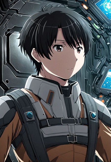 high resolution, solo, best quality, 1Boy, Inaho Kaizuka, Black Hair, Science Fiction, OverallDetail