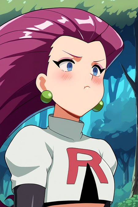score_9, score_8_up, score_7_up, score_6_up, source_cartoon, BREAK, JessiePXL, blue eyes, purple hair, long hair, hair slicked back, earrings, team rocket, medium breasts, white crop top, elbow gloves, black gloves, white skirt, black thigh boots, upper body, forest, blush, pout, closed mouth  <lora:MamakoPoutPXL:1>  <lora:JessiePXL:1>