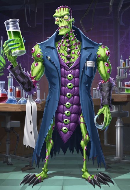 a skinny fleshmutant frankenstein's monster covered in eyes holding a beaker inside of a laboratory,patchwork creature,patchwork skin,full body,2d,anime