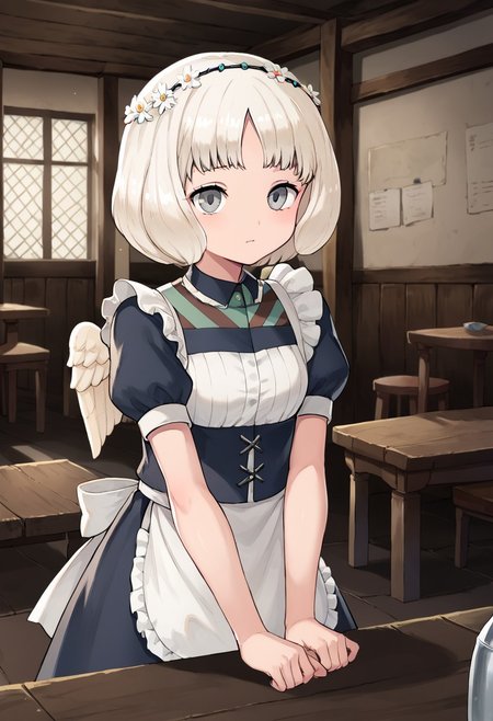 score_9, score_8_up, solo, 1girl,  flower diadem, medium hair, blonde hair, parted bangs, grey eyes, medieval tavern, maid, maid headress, frills, cute, indoors, inn, little wings,
