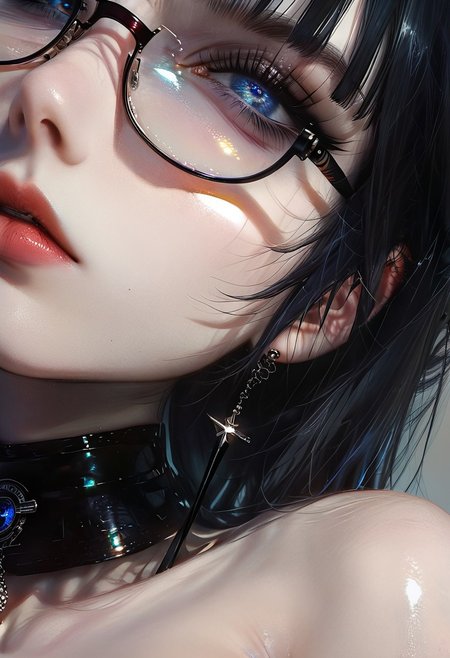 raw lighting, overexposed, harsh flash,,score_9, score_8_up, score_7_up, score_6_up,masterpiece, ultra-realistic 8k, (best quality), highly detail, sharp, detailed,higher resolution textures, 4k graphic resolution,  1girl, solo,beautiful girl, perfect eyes, sexy, cute face,pose,seductive pose, goth girl,blue eyes,oily skin,shiny skin, black hair hime cut,glasses,looking downwards,gigantic breasts, Heavy Breasts,delicate body, music stage, hosting live music performances,Expressiveh ,at3r4