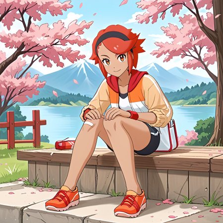 2d, 1girl, solo, sitting, cherry blossoms, mountain, sunshine, clear sky, colorful, woods, pmtina, tina, tina_\(pokemon\), red_hair, short_hair, black_hairband, dark_skinned_female, orange_and_white_jacket, white_jacket, open_jacket, black_sports_bra, black_shorts, red_wristband, sneakers, orange_footwear, (bandaid_on_knee:0.6), bag, score_9,score_8_up,score_7_up,source_anime, masterpiece, best quality, amazing quality