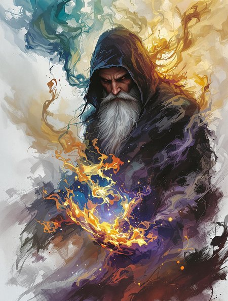 A brooding warlock, brushstroke smoke swirling from his hands, dissolving into shifting fractal galaxies behind him