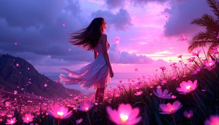 m4d1s0n,
A young lady stands on a hill covered in luminescent flowers, with exotic vegetation surrounding her. A strong wind blows through her long hair, sending petals and leaves swirling through the air. The setting is a magical twilight, with the sky painted in deep purples and pinks. The scene is captured in extreme realism, with intricate details in every element, from the glowing flowers to the sharp background. Adjust the woman’s hand to gently touch or interact with a flower, adding a sense of connection to the environment.Add delicate, intricate shadows from the flowers and leaves onto the woman’s skin, enhancing the interplay of light and shadow.Introduce more layers of vegetation with varying heights and densities, creating a richer and more textured environment.Add more texture to the clouds, with subtle color shifts and details that draw the eye upwards.She perches high on a tree branch or ledge, her tail hanging down, with a watchful, mysterious gaze.
The image is vibrant and serene, with no depth of field, ensuring sharpness throughout the wide shot, rendered in high resolution HDR.






























