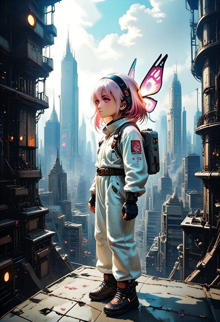 1girl, solo, white hair, hairband, wings, pink eyes, dress, energy wings, building, white dress, multicolored hair, bodysuit, pink hair, night, long hair, outdoors, petals, skyscraper, small breasts, gloves, city, mechanical wings, medium hair, gradient hair, sky, hair between eyes, closed mouth, cityscape, detached wings, fingerless gloves, black gloves, 
score_9,score_8_up,score_7_up, futuristic, technological, alien worlds, space themes, advanced civilizations, 
alien-worlds, colorful, eeriness, fantasy, futuristic, science-fiction, other-worldliness, pop-culture, posters, contemporary, metaphysics, atmospheric, digital, illustration, 
pmg style, MyNewFantasy, Jed-dtl, s1_dram