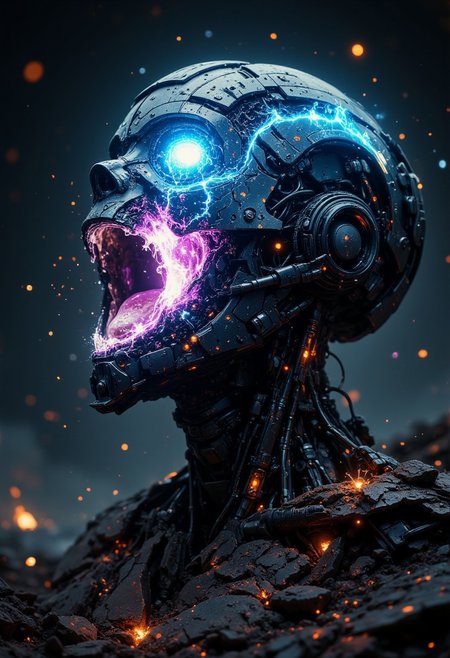 A ghost in the machine, a soldier on the verge of detonation. His face glitches—fractured, repeating, lagging between agony and cold resolve. His eyes burn like ruptured floodlights, neon beams stabbing through the dark, his mouth a gaping wound of searing white. The light isn’t escaping—it’s devouring him from within, cracking through his corroded plating, tearing him apart pixel by pixel.
His body flickers, warping between steel and static, neon scars pulsing like dying circuitry. The air vibrates with a distorted hum, reality bending as his form destabilizes. Glitching shadows stretch unnaturally, his figure collapsing, reforming, seconds from oblivion.
Kneeling in the wreckage of his own existence, he prays to nothing. The war is over. He won’t be for much longer.