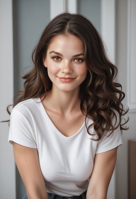 score_9, score_8_up, score_7_up, score_7, score_6_up, solo, 1dk, portrait, close up, zoom in, face focus, 
raw, realistic, d3t41l3d,
1girl, 28-year-old, athletic, long hair, wavy hair, dark brown hair, hazel eyes, light freckles, freckles,  small beauty mark,  beauty mark
casual denim jeans, fitted shirt, white t-shirt, 
standing, confident, smiling warmly,
in a cozy apartment, modern apartment.