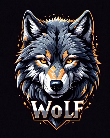 Wolf t-shirt design, text logo: WOLF, flat colors, black background, <lora:Harrlogos_v1.1:1> <lora:last:1>