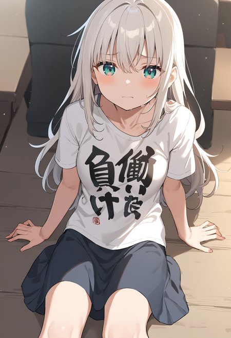 1girl,sincos, ningen mame, toosaka asagi,solo,medium breasts,school uniform,short sleeves,
you work you lose, clothes writing,  short sleeves, t-shirt, <lora:youworkyoulose_XL_v1:1>
from above, feet out of frame, looking at viewer, white hair, silver eyes,anguish, Yellowstone, closed mouth,
best quality, very aesthetic, absurdres