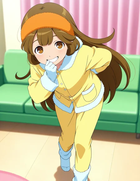 masterpiece,best quality,amazing quality,newest,absurdres,very aesthetic,anime screenshot,anime screencap,anime coloring,general BREAK depth of field,1girl,kinako, brown hair, long hair,orange headband,fluffy headband,brown eyes,grin,motion line,open mouth,teeth,looking at viewer,(one-piece pajama,fleece pajama,fuzzy pajama:1.3),oversized pajama,yellow pajama,long sleeves,baggy pants,fluffy hood,hood down,fluffy gloves,white gloves,fluffy socks,white socks,standing floor,(one leg up:0.6),cute motion,leaning forward,(one hand to own mouth,one hand behind back:1.2),(6 fingers,7 fingers:-1.8),indoor,lounge room,soft sofa <lora:add-detail-xl:1.1> , <lora:kinako:1> , <lora:LECO_GoodHands:-2> , <lora:LECO_BadHands:2>