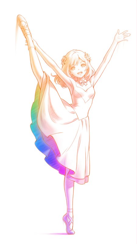 <lora:Colored pencils_illustrious-000098>,
<lora:Maria Mikhailovna Kujou (5):1>,
1girl,dress,smile,waving,
smile,looking at viewer,open mouth,upper body,hair flower,flower,bow,bowtie,
monochrome,simple_background,white_background,colorful,multicolored,socks,mary jane shoes,ballet,one leg up,split,dancing,flash