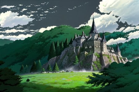 In a fantasy world, in ghibli style. On the grass near the edge of a forest. The grass is wild and unkempt. Clumps of tall pampas grass blow in the breeze. The forest is tall and ancient. The trees are some type of tall oak with massive trunks. The leaves are turning color, but most are still green. Under the trees it is dark, overgrown with thorns and small pale trees. Old spiderwebs hang from the trees. A misty fog is under the canopy and rises in misty tendrils above the forest. In the background, far into the forest, a lone tall mountain rises, it's middle lost in clouds. Above the clouds, high into the sky, the top of the mountain rises. On the top of the mountain is a dark stone castle with tall pointed towers and rising tiers inside. The castle is elegant, but dark and sinister. The air around the castle looks darker, a trick of the light, or magic.