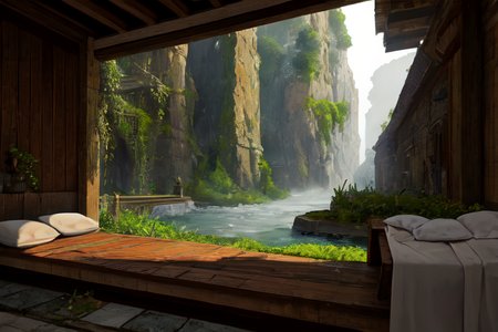 highly insanely detailed, masterpiece, top quality, best quality, highres, 4k, 8k, RAW photo, (very aesthetic, beautiful and aesthetic),  
Ancient Roman Interior Design,RomInt,ancient_roman_bedroom,bed,blanket,ancient_roman_bathroom,Balneum, 
<lora:RomanInterior-10:0.6>, 
(1girl:1.3), 
1other, 
, 
, 
, 
Valley,Neolithic_architecture,Village,creek,National_Park,a serene hidden valley, with a clear river running through it, abundant wildlife, a feeling of being untouched by time,wisps of smoke,fog,dense_fog,foggy,mist,misty,thick mist, 
,âââ
