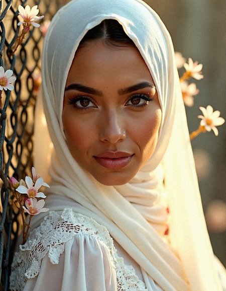 Envision a close-up portrait of a tanned and voluptuous egyptian  woman wearing a flowing white hijab, expertly detailed to capture the texture of the fabric as it gracefully wraps around her face and shoulders. Her skin is radiant, with a warm glow that suggests sunlight filtering through the background. Her eyes, a deep and expressive brown, are the focal point, framed by thick lashes that add a touch of softness to her gaze. A gentle blush colors her cheeks, while her lips, slightly parted, convey a sense of calm and introspection. Surrounding her are delicate, blooming flowers in white and pastel hues, their petals drifting softly through the air, adding a whimsical element to the serene scene. The background is blurred, evoking a peaceful outdoor setting during the golden hour, where the light casts a gentle warmth over her features. This image captures the elegance of simplicity and the beauty of cultural expression.

Leaning on chain-link fence,  her body slightly angled, as she looks softly at the viewer.

She is wearing  An abaya with lace borders along the sleeves and hem, adding texture and an ethereal quality to her look.